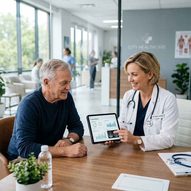 Arzt bespricht Ergebnisse emphatisch mit Patient